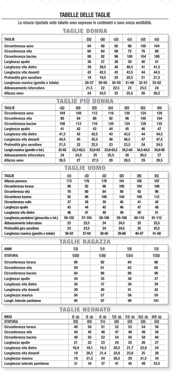 La Mia Boutique tabella taglie measurement chart